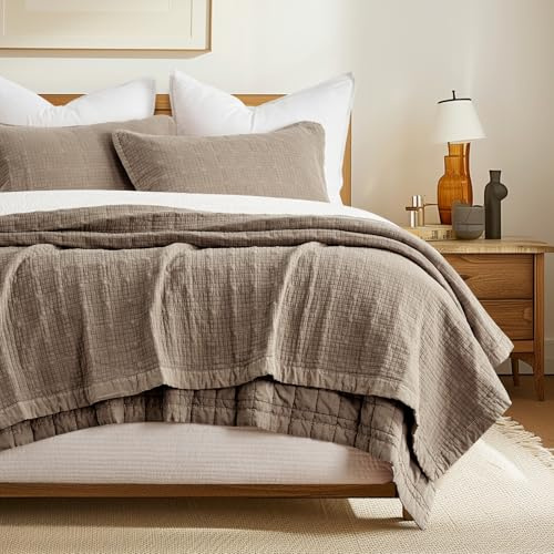 EVERGRACEHOME Stonewashed Cotton Quilt Set King Size, Ultra Soft Oversized Bedspread Coverlet Set, Lightweight Crinkle Box Stitch Bedding Sets for All Season, with 2 Shams, Mocha Brown