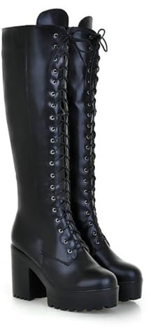 KUHAOFEU Women's Knee High Combat Boots Lace Up Platform Block Heel Motorcycle Riding Boot Biker Boots with Side Zipper,Black,6 UK
