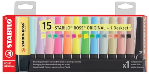 STABILO BOSS ORIGINAL - Surligneur - Set de bureau x 15 surligneurs : 5 Fluo + 5 Pastel + 4 NatureCOLORS + 1 marqueur noir