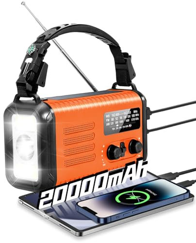Wind Up Solar Radio, Emergency Crank Radio, 20000mAh Survival Solar Hand Crank Weather Radio with AM/FM, Battery Powered Radio with Cell Phone Charger, Flashlight & SOS for Emergencies/Home