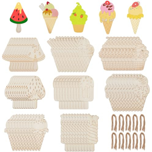 CRASPIRE 8 pieza de Adornos Colgantes de Madera Adornos de Madera para Tartas de Frutas Helados Fresas Adornos de Madera Kit de Adornos para Árboles con Cordón de Yute para Suministros de Bricolaje de