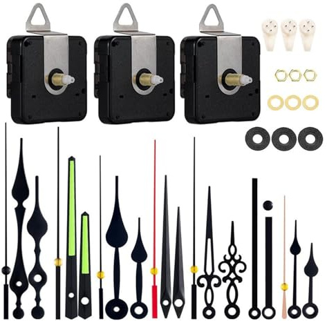 Yolistar 3 Piezas Mecanismo Reloj de Pared, Mecanismo Reloj Cuarzo Movimiento Silencioso, con 5 Diferentes Pares Agujas Reloj Pared,para DIY Reparación de Reloj Reemplazo de Piezas (16/20/23 mm)