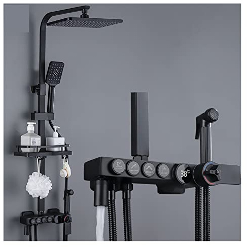 Panel De Ducha, Grifo Termostático Negro para Bañera Y Ducha, Grifo De Bañera con Repisa, Flujo De Agua Que Produce Electricidad.（Black Cold Hot-1）