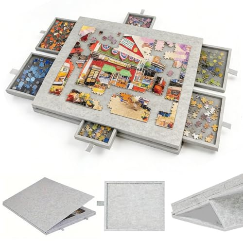 Piashow Tavolo puzzle inclinabile per 1000 pezzi, in feltro leggero, con 6 cassetti di ordinamento, tavola puzzle portatile con supporto regolabile e copertura (grigio)