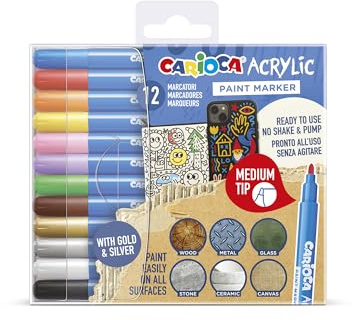 CARIOCA Marcatori Acrilici Punta Media Set 12 Colori, Pennarelli Acrilici Multi Superficie per Decorazione, Hobby Creativi e Personalizzazione Oggetti