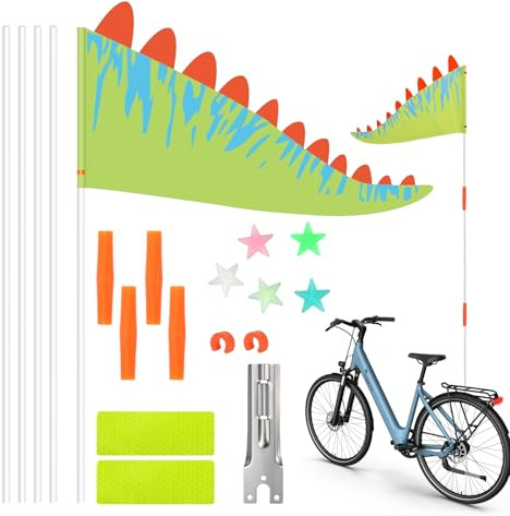 Sunyunze Bandera de bicicleta para niños, bandera de bicicleta, colgante de bicicleta, bandera de advertencia de dibujos animados verdes, ajustable, con radios de bicicleta coloridos, estrellas