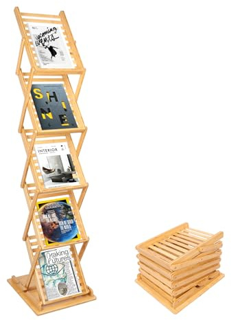 Choowin Foldable Magazine Rack Floor Stand Brochure Display Stand Literature Display Rack Holder Bamboo Wood Magazine Rack for Home Office Retail Display Exhibitions Trade Show Portable 5 Pockets