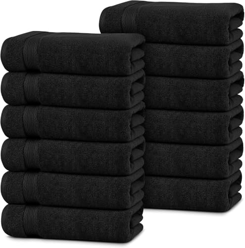 Linteum Textile Supply Luxury Hair Towels 100% Ring Spun Cotton Bleach Proof Hair Towel for Women, Men, Kids | 20x40 inches Quick Dry Towels for Gym, Beauty, Spa, Salon | Pack of 12 | Black