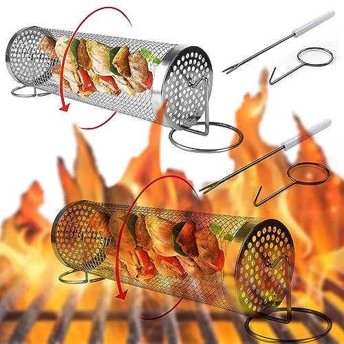 Hosawtek Cesta de parrilla giratoria de acero inoxidable para asar al aire libre pescado, carne, camarones, pescado y todo tipo de verduras. Revoluciona tu juego de parrilla al aire libre. (Rotación