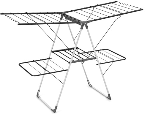 COSTWAY Foldable Clothes Drying Rack, 2-Level Clothes Airer Dryer Horse with Height-Adjustable Wings, 33 Rails & Sock Clips, Stainless Steel Freestanding Laundry Rack for Indoor Outdoor (Silver+Grey)