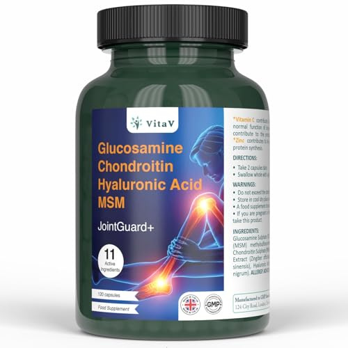 VitaV JointGaurd+ Glucosamine & Chondroitin High Strength with MSM & Hyaluronic Acid | Joint Care Supplements for Women & Men with Vitamin C & Zinc | 120 Capsules Glucosamine & Chondroitin Complex