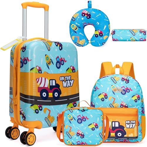 HTgroce 5tlg Kinderkoffer Set, Kinder Reisekoffer mit Rucksack, Nackenkissen, Lunchtasche, Federtasche & Kofferanhänger, Reisetrolley mit Rollen für Kinder Hartschalenkoffer für Jungen
