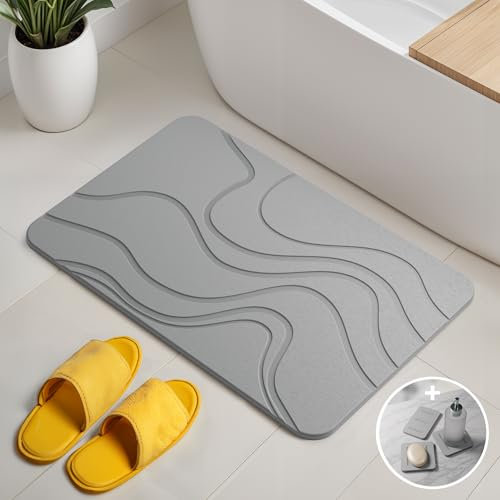 Björn&Schiller Tappeto da bagno in pietra, set, assorbente a rapida asciugatura, antibatterico, antiscivolo, altamente assorbente in diatomite, tappetino da doccia 60x39 cm, grigio