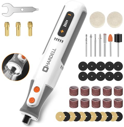 HARDELL Mini Trapano Elettrico 8V, 5 Velocità 28000 RPM Mini Trapano a Batteria, Ricarica USB-C, Utensile Rotante Multifunzione con 42 Accessori per Intaglio,Taglio, Forare, Smerigliare