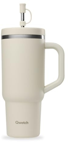 QWETCH - Travel Cup 900ml avec Paille & Anse - 48h Glacé / 12h Froid - Gourde Isotherme Inox Recyclé - Mug avec Bouchon à Vis Anti-Éclaboussures - Tasse Thermo - Sable