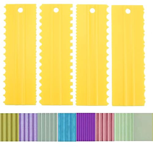 4PCS Cake Spatula Cake Smoother Set, Cake Decorating Combs Sawtooth Cake Scraper Icing Scraper Tool for Cakes, Yellow
