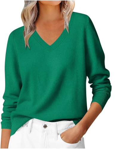 Cashmere Jumpers for Women V Neck Sweater Ladies Casual Lightweight Plain Pullover Long Sleeve Tops Dressy Fine Knit Jumpers for Women Fall Winter Tunic Blouse T-Shirt for Work Office Green