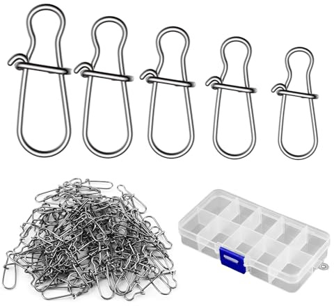 Vakler 175 pièces/5 Tailles Snap de pêche pour swivels Set 2# 1# 0# 00# 000# avec boîte, Argent Emerillon Peche Connecteurs pour leurres et Poissons prédateurs Köder Swivels