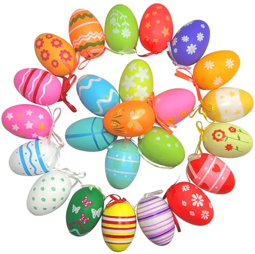 LIZANQU 24 Pezzi Uova di Pasqua 6x4 cm, Plastica Multicolore Appendere Uova Pasqua con Corda Sospesa, per Decorazioni Pasquali (A)