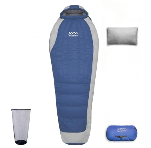 HLITMOUT Sacco a pelo in piuma,ultraleggero a mummia per campeggio, escursionismo e backpacking (Blu 0°C, Extra Large)