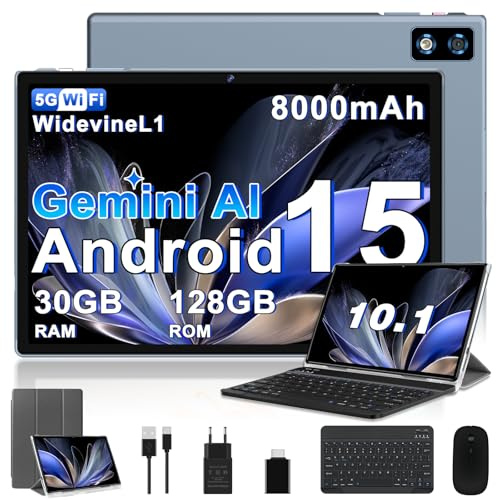 BIEGEDY 2026 último Tablet 10 Pulgadas Android 15 con Gemini AI, 30GB RAM + 128GB ROM（TF 2TB）, Octa-Core 2.0GHZ, 8000mAh, GMS, Widevine L1, GPS, OTG,5G WiFi 6 & BT 5.0,Tablet con Teclado y Raton-Gris