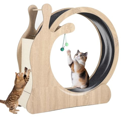 Garvee Roue d'exercice pour Grands Chats - Bois Naturel - Roue silencieuse - Tapis à griffer en sisal - Jouet interactif avec étagère de Rangement - Sécurité optimale - Usage intérieur