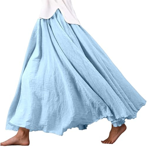 Jupe d'été grande taille pour femme - Jupe maxi élastique - Jupe bohème unie - Jupe décontractée - Jupe longue rétro vintage - Taille plissée - Jupe trapèze - Jupe longue ethnique, bleu ciel, 85 cm