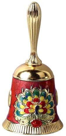 Handklocka Vintage Mässing Antik Utsökt snidat mönster Hand Ring Bell HandKlocka till middag Bröllopsfest Familjeskola (Gold with Colorful Red)