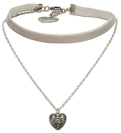 Alpenflüstern Trachten-Samt-Kropfband Trachtenherz-Kette schmal - nostalgische Trachtenkette enganliegend, Kropfkette elastisch, Damen-Trachtenschmuck, Samtkropfband schmal (grau) DHK294