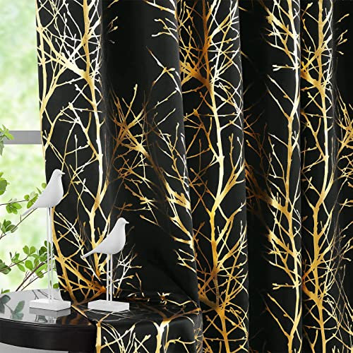 Fmfunctex Black Gold Blackout Curtains for Bedroom 72 inch Drop Eyelet Curtains for Living Room Tree Branch Foil Thermal Insulated Window Curtain Panels 2 Panels