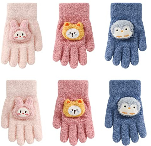 Jupsk Enfants Gants d'hiver Chauds, 3 Paires Gants Tricotés Moufles Esxtensibles Magiques Plein-Doigts Mitaine en Polaire Corail Gants de Ski pour Enfants Fille Garçon 5-10 Ans, Imprimés d'animaux