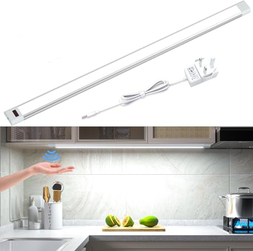 Hensam Under Cupboard Kitchen Lights,60cm Hand Wave Actived Under Cabinet Lights,60-LED Super Bright Closet Lighting,Dimmable LED Light Bar for Counter,Shelf,Wardrobe,6000K White,Power Adpter