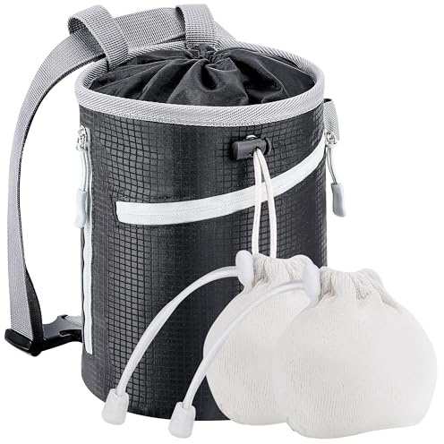 MIUONO Chalk Bag for Rock Climbing, Bouldering Bag Bucket with 2 (65g) Chalk Balls, 2 Waterproof Zipper for Gymnastics, Cross Fit, and Lifting (Large)