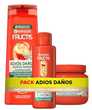 Garnier Fructis Rutina Adiós Daños con Tratamiento, Champú y Mascarilla, Rutina para cabello dañado, Reparación profunda, Con Queratina, 200ml+380 ml+320 ml