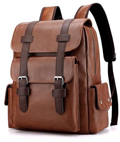FUNSEED Zaino per Uomo, Borsa a Tracolla in Pelle PU Vintage, Grande Capacità, per Laptop da 15,6 Pollici, per Viaggio e Lavoro, cachi, L