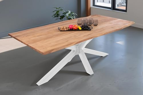 SAM Baumkantentisch 140 x 80 cm Dana, massiver Esstisch Eiche, Esszimmertisch mit weißem Spider-Gestell aus Metall, echte Baumkante, pflegeleichter Holztisch