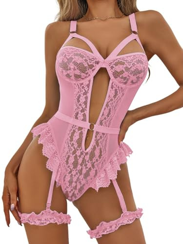 NLAND Ensembles de Lingerie pour Femmes 2 Pieces Body en Dentelle avec Porte Jarretelle Bande Cuisse sous Vetements(Rose,Taille Unique)