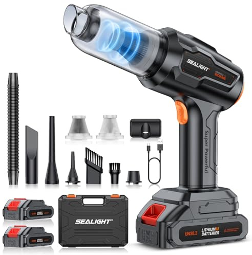 SEALIGHT Aspirabriciole Senza Fili, 35000Pa 9-in-1 Aspirapolvere per Auto, 2 Batterie Ricaricabili con Motore Senza Spazzole, Mini Aspirapolvere Potente per Casa, Ufficio, Auto, Capelli, Argento