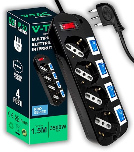 V-TAC Multipresa Elettrica Nera 4 POSTI con Interruttori Indipendenti - 4 Ingressi 10/16A Bipasso + Schuko - Spina 16A - Ciabatta - Presa Elettrica per Casa, Ufficio, Negozio - Cavo 1,5 MT