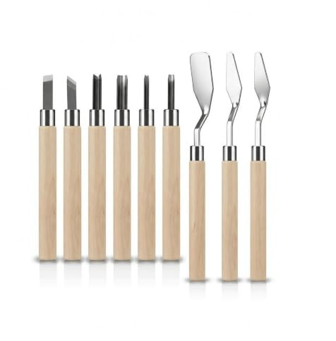 LeeQinersw 9 Pièces Outils de Gravure Linogravure Bloc de Gravure Couteaux de Sculpture Spatules Palette Set Artistique Manche Bois Antirouille Adaptés aux