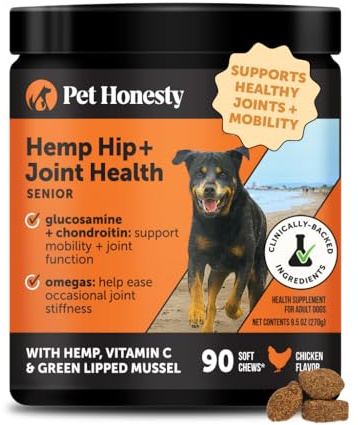 Senior Hemp Hip and Joint Supplement for Dogs - Glucosamine Chondroitin, MSM & Green Lipped Mussel - Relief for Joint Stiffness, Advanced Strength Mobility Support for Senior Dogs (Chicken, 90 Ct)