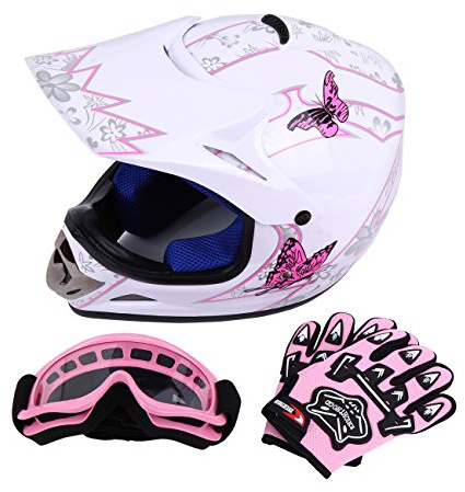 Samger DOT Youth Bambini Off Road Casco da Cross Caschi Dirt Bike ATV Casco da Moto Guanti+ Occhiali (L, Bianco)