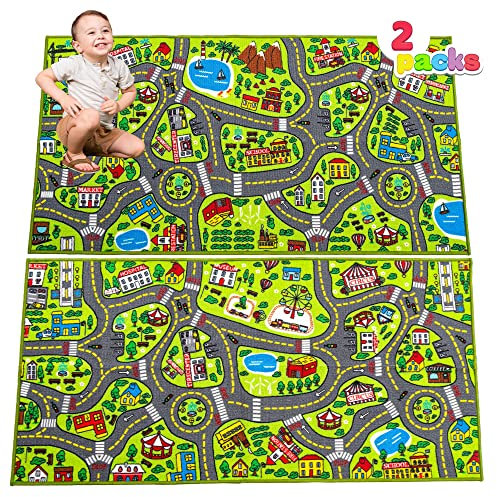 JOYIN 2 Teppich Kinderzimmer 80x150cm (Gesamt 160x150cm) für Kinder ab 3 Jahren, Spielteppich Straße Kinderteppich, Autoteppich Junge Mädchen für Schlafzimmer & Spielzimme