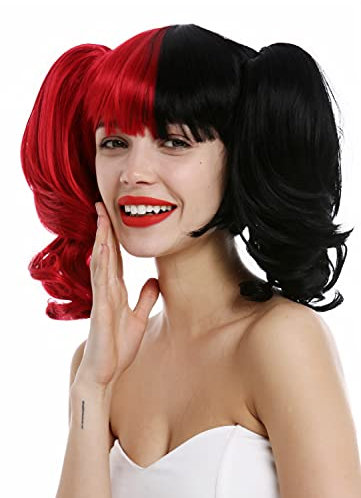 WIG ME UP - ZM-1189 Perücke Damen Harlekin Lolita Cosplay kurz glatt mit langen welligen Zöpfen schwarz rot geteilt