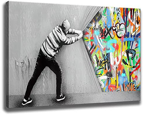 chongjian Banksy Graffiti-Gemälde Wandkunst Bilder Leinwand Behind the Curtain Graffiti Street Art Leinwandgemälde Poster und Drucke Wohnzimmer Wanddekoration (Mit Rahmen-B, 16x24inch)