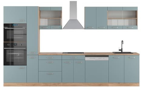 Vicco Küchenzeile R-Line, Blau-Grau/Goldkraft Eiche, 350 cm mit Hochschrank, ohne Arbeitsplatte, zur individuellen Erweiterung und flexiblen Anordnung geeignet