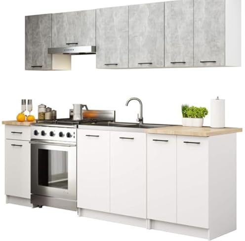 BDW - Küchenzeile ohne Elektrogeräte - Miniküche 240 cm breit - Küche Komplett: Küchenunterschränke & Küchenhängeschränke - 240x203x46 cm - Küchenschränke Beton/Weiß