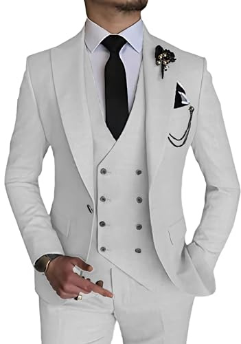 Costume élégant 3 pièces pour Homme Ensemble de Bal de Mariage à Double Boutonnage 1 Boucle Veste Gilet Pantalon Ensemble Formel (Blanc,S)
