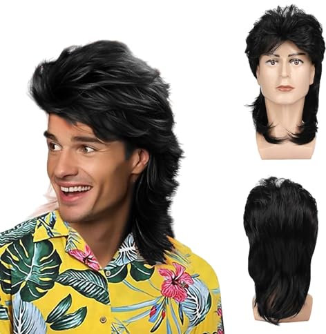 UILYNIU Black Mullet Men's 70s 80s Wig - Rocker & Hippie Style for Adults - Curly Wigs for Costumes & Parties