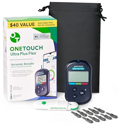OneTouch Ultra Plus Flex Bonus Kit - Includes Ultra Plus Flex Blood Glucose Meter, 10 Lancets, Lancing Device & Carrying Pouch - Diabetes Care Supplies